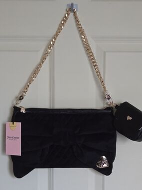 Juicy Couture Black Velvet Chain Shoulder Bag with Heart Charm